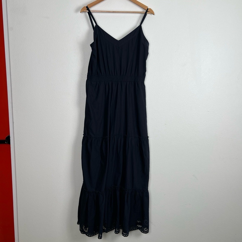 Splendid Dress Womens Size Large Navy Blue Maxi Ruffle Tiered Lined Eyelet Boho
